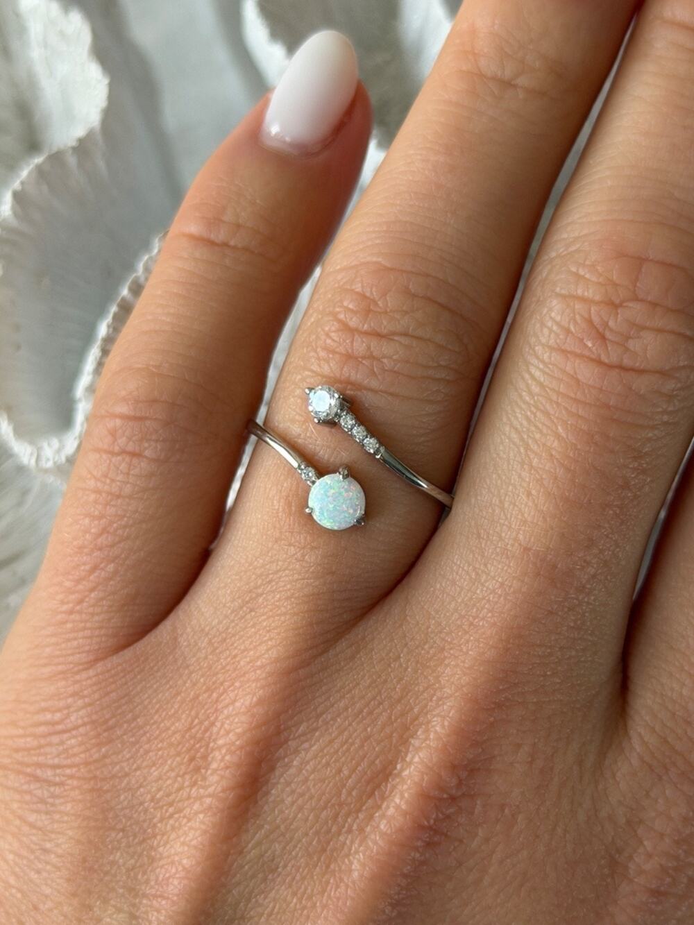 Adjustable 925 Sterling Silver Opal & Beryl Ring